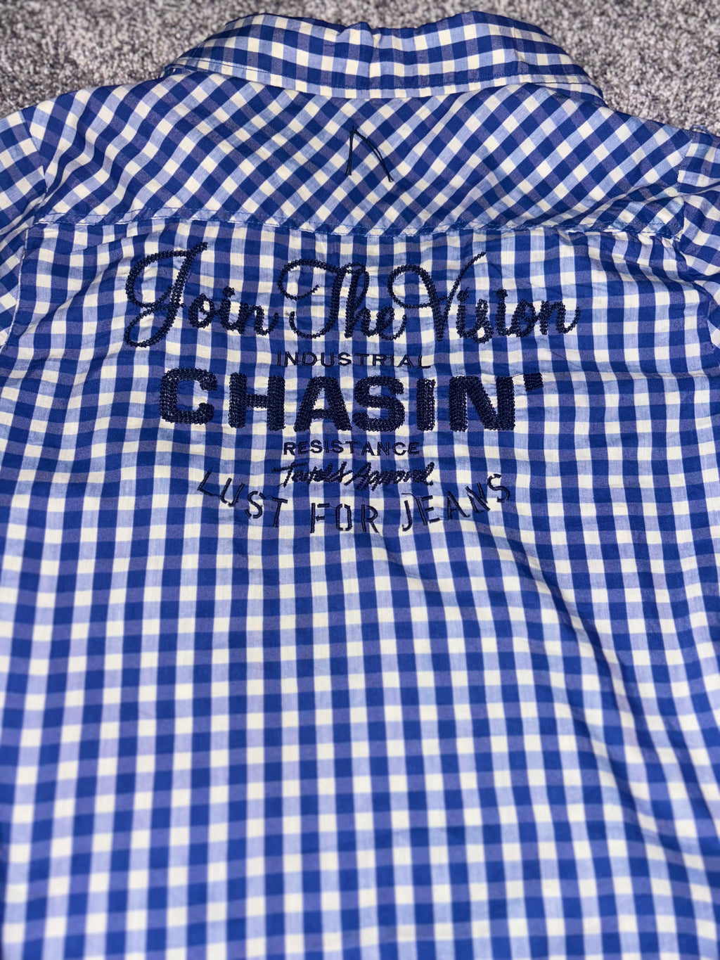 European Slim Button-Up Blue Gingham Print w/ Black Embroidery