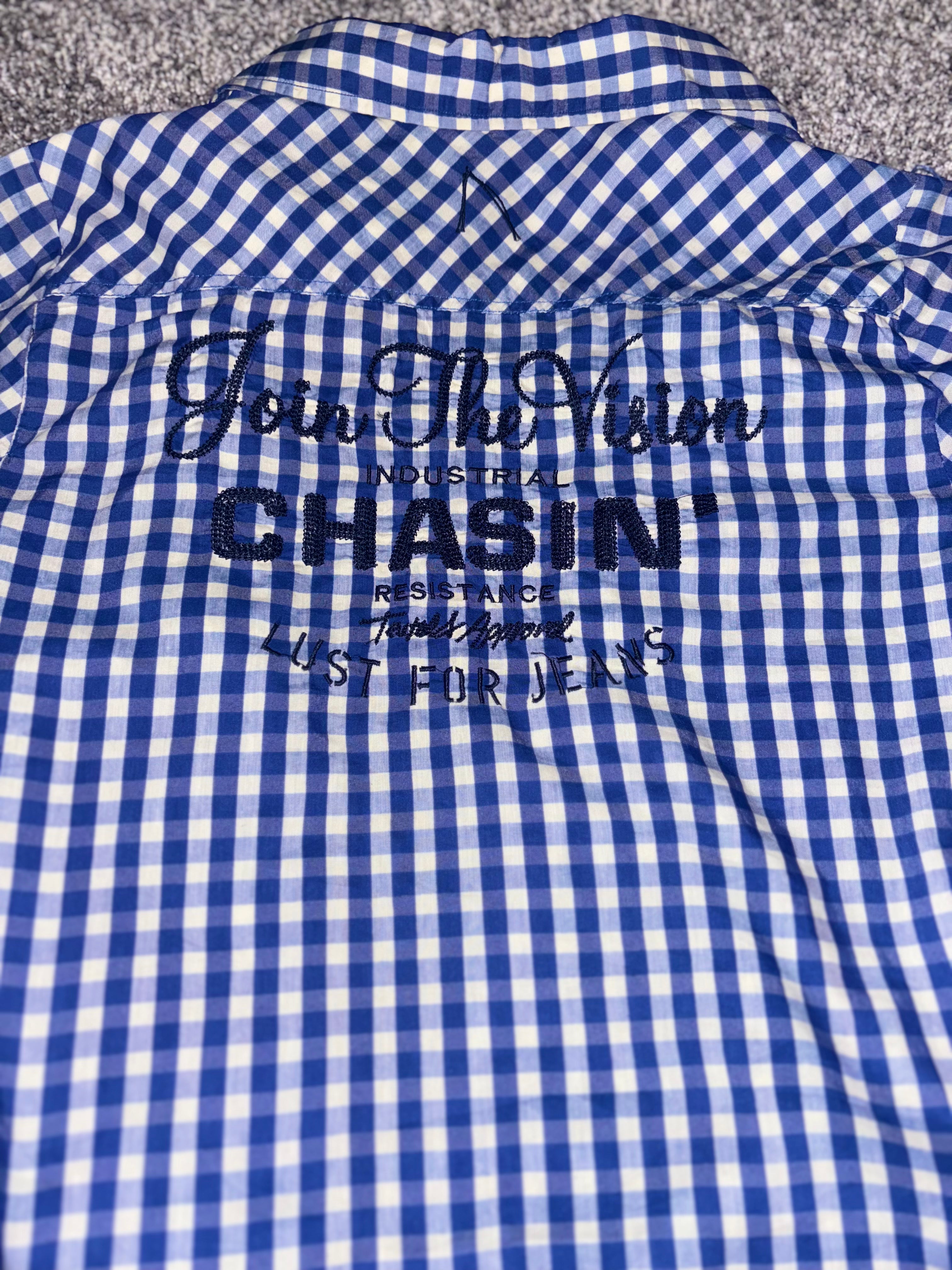 European Slim Button-Up Blue Gingham Print w/ Black Embroidery