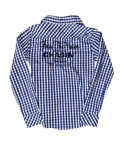 European Slim Button-Up Blue Gingham Print w/ Black Embroidery