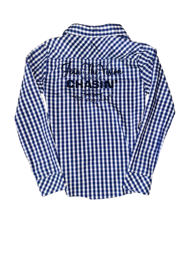 European Slim Button-Up Blue Gingham Print w/ Black Embroidery