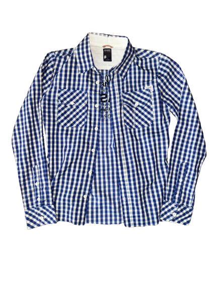 European Slim Button-Up Blue Gingham Print w/ Black Embroidery
